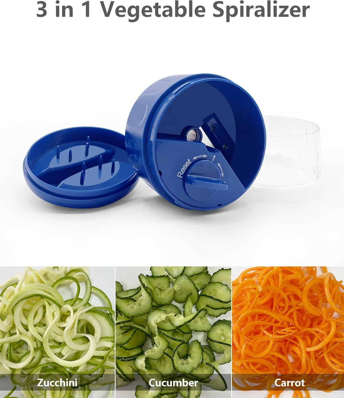 Vegetable Spiralizer 3-in-1, Zucchini Spiralizer Noodle Maker, Adjustable Food-Grade Stainless Steel Blade, Zoodle Maker for Zucchini, Cucumber, Carrot, Veggie Pasta, Low-Carb Meals (Blue)