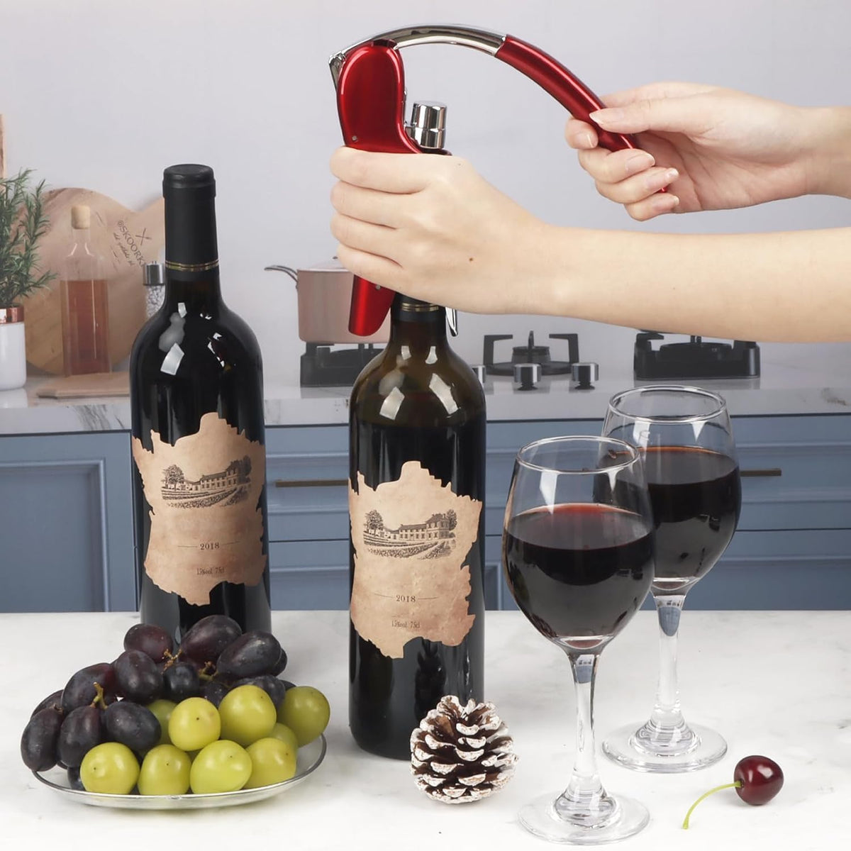 Wine Bottle Opener, Vertical Lever Corkscrew with Built in Foil Cutter Design, Manual Handheld Corkscrew with Ergonomic Lever Pump