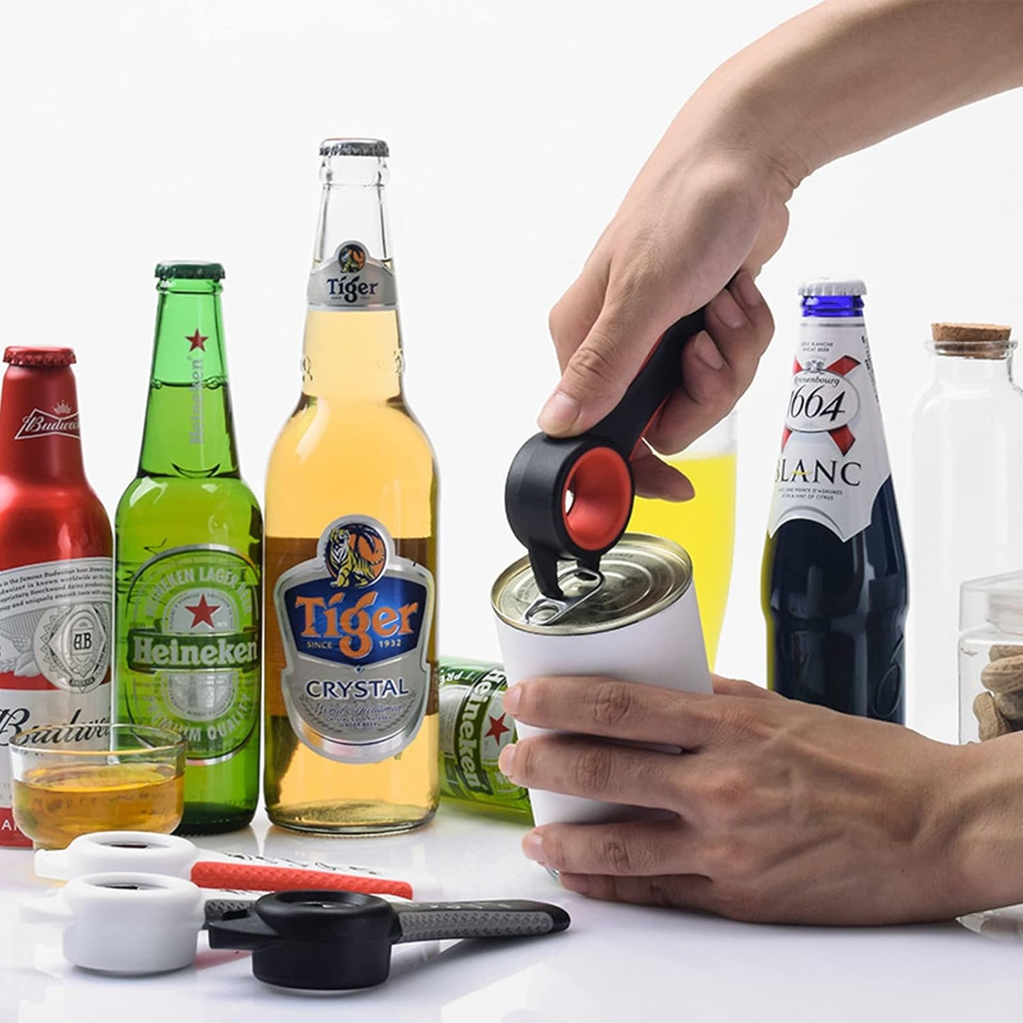 2Pcs 5 In 1 Multi-function Bottle Opener, Can Opener Tool Black White | Bottle Opener for Seniors, Easy Grip Jar Opener, Kitchen Lid Opener, Ergonomic Kitchen Gadget, Plastic Jar Can Opener