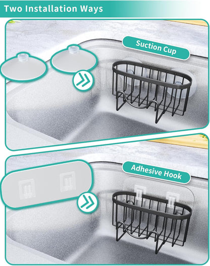 Multifunctional Sponge Holder with Unique M-Shaped, 2 Installation Methods Kitchen Sink Caddy Organizer, Rustproof Stainless Steel Kitchen Organizers and Storage Essentials - Black