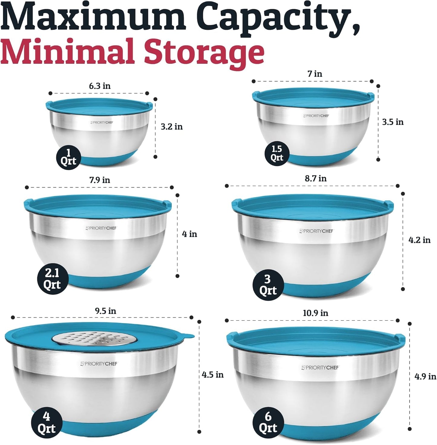 6pc Stainless Steel Mixing Bowls with Lids Set, 7 Qt, Black | 6pc Non-slip nesting bowls 1-7 qt, 3 graters & interior measurement marks; for meal prep, baking & airtight fridge storage