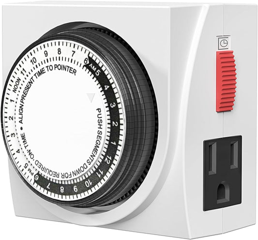 Heavy Duty Dual Outlet Mechanical Timer,24-Hour Light Timer,3-Prong | 15-min intervals; daily repeat; easy setup;Indoor Timer for Christmas Decor,Plant Light,Reptile Tank, Aquarium, ETL,15A/1875W