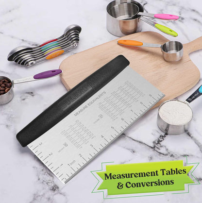 10-Inch Bench Scraper, Stainless Steel Dough Cutter with Scale | Dishwasher Safe, Comfort Grip Handle, Beveled Edge, Conversion Chart, Cake Frosting, Bread Dividing, Pizza Cutting