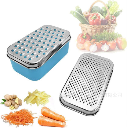 Cheese Grater with Food Saver Container 2 In1 Fruit Vegetable Chopper Onion Choppers with Container Stainless Steel Rectangle Box and Graters Cheese Grater Handheld Metal, White