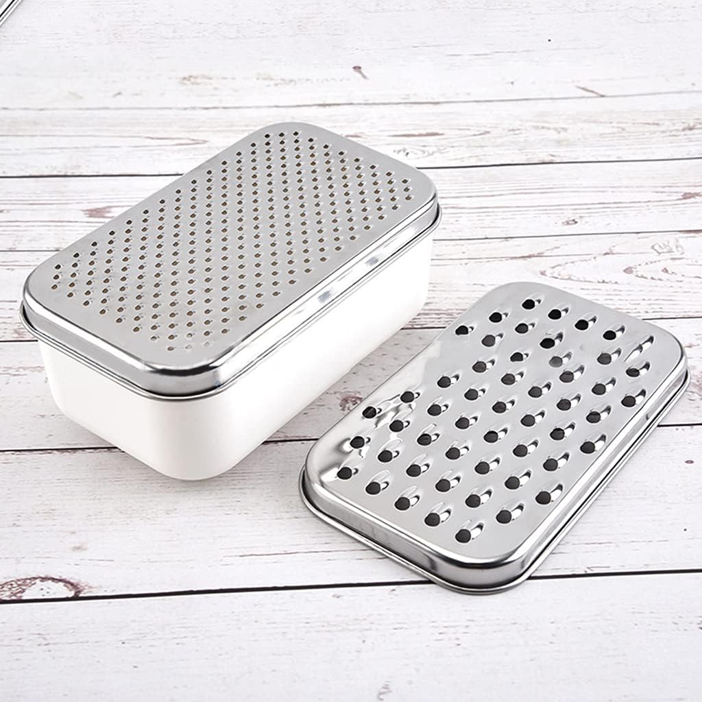 Cheese Grater with Food Saver Container 2 In1 Fruit Vegetable Chopper Onion Choppers with Container Stainless Steel Rectangle Box and Graters Cheese Grater Handheld Metal, White