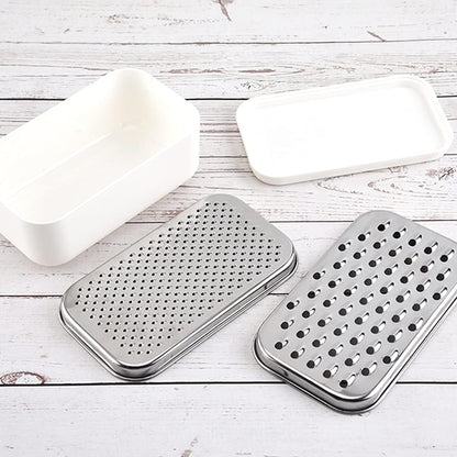 Cheese Grater with Food Saver Container 2 In1 Fruit Vegetable Chopper Onion Choppers with Container Stainless Steel Rectangle Box and Graters Cheese Grater Handheld Metal, White