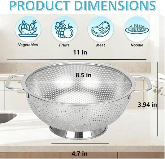 304 Stainless Steel Colander, Micro-Perforated 3-Quart Strainer with Base, Dishwasher Safe. Great for Pasta, Noodles, Vegetables & Fruits