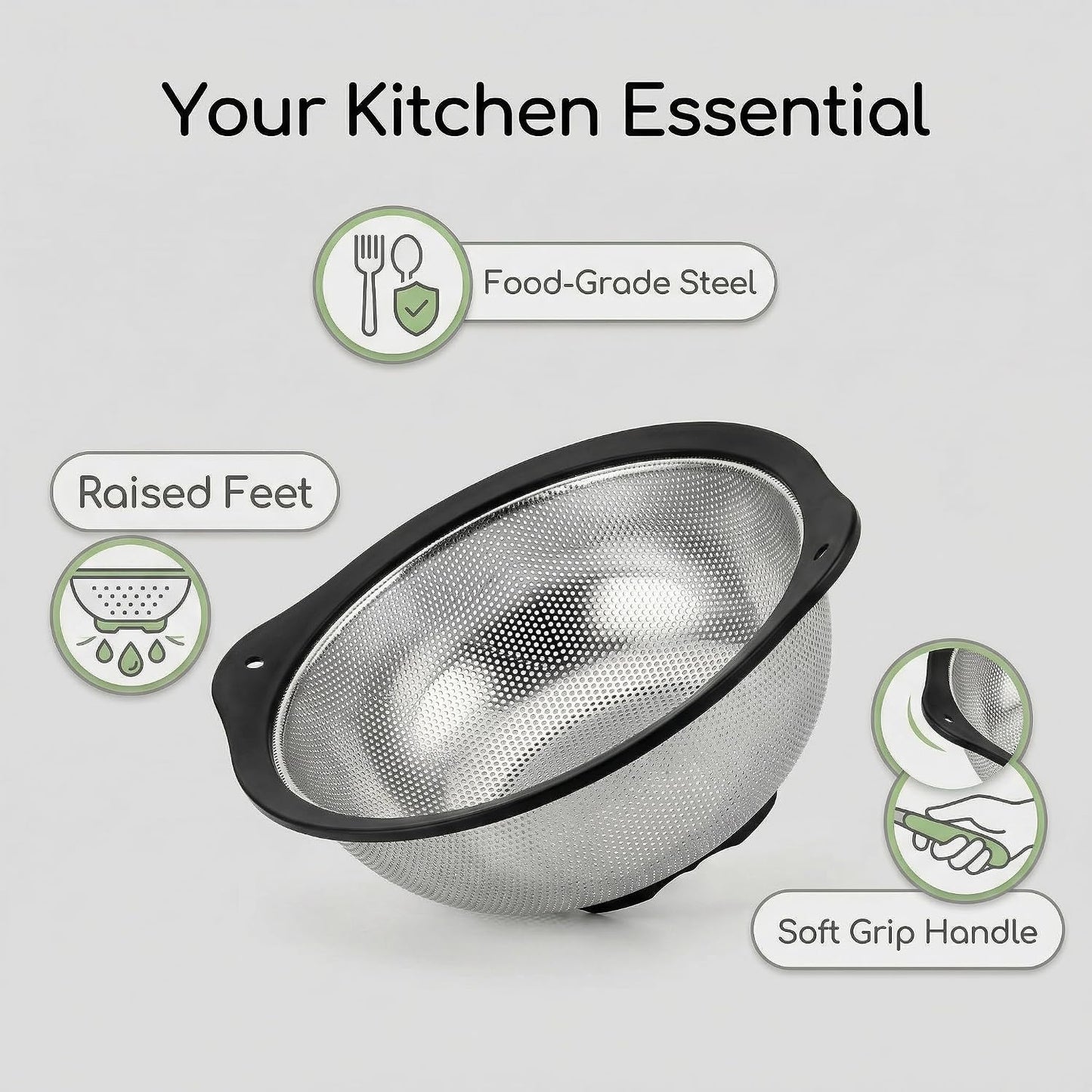 304 Stainless Steel Colander, Micro-Perforated 3-Quart Strainer with Base, Dishwasher Safe. Great for Pasta, Noodles, Vegetables & Fruits