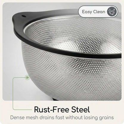 304 Stainless Steel Colander, Micro-Perforated 3-Quart Strainer with Base, Dishwasher Safe. Great for Pasta, Noodles, Vegetables & Fruits