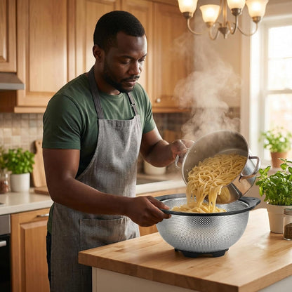 304 Stainless Steel Colander, Micro-Perforated 3-Quart Strainer with Base, Dishwasher Safe. Great for Pasta, Noodles, Vegetables & Fruits