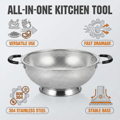 304 Stainless Steel Colander, Micro-Perforated 3-Quart Strainer with Base, Dishwasher Safe. Great for Pasta, Noodles, Vegetables & Fruits