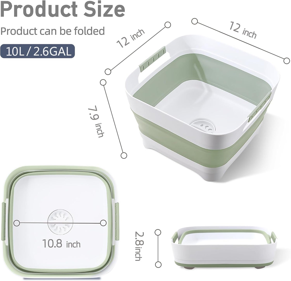 2.6 Gal/10L Collapsible Wash Basin with Drain Plug, Dish Tub