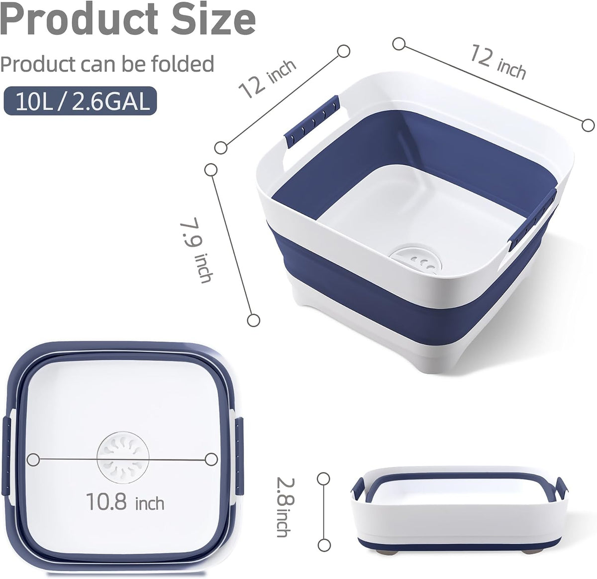 2.6 Gal/10L Collapsible Wash Basin with Drain Plug, Dish Tub