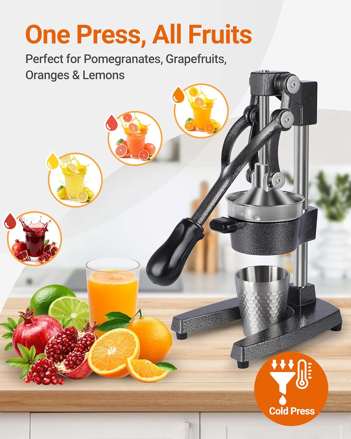 Heavy Duty Cast Iron Manual Juicer, Professional Citrus Press Squeezer for Orange, Pomegranate, Lemon & Lime, Commercial Hand Press Juicer with 304 Stainless Steel Cup