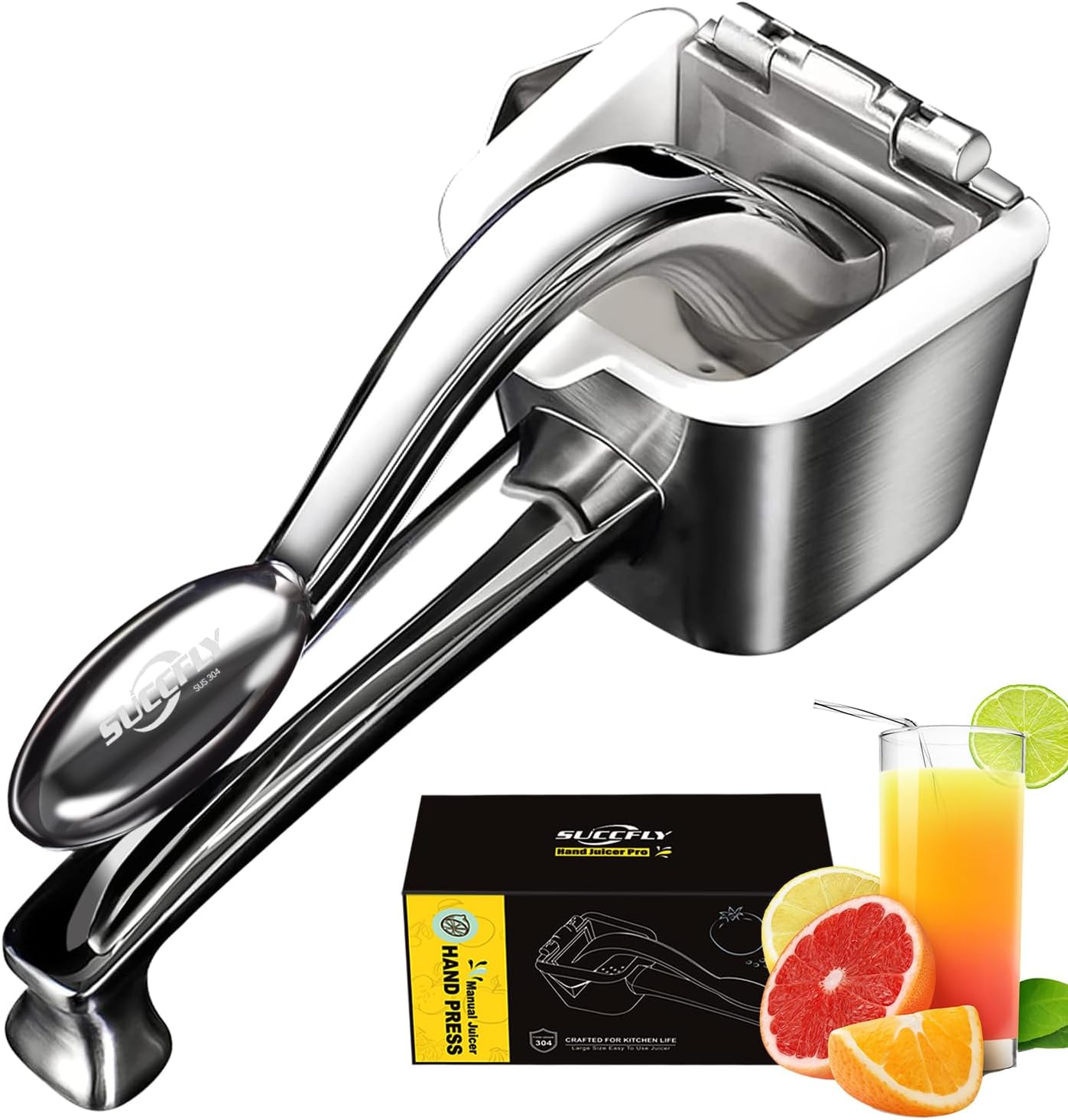 Stainless Steel Lemon Squeezer, Heavy Duty Manual Citrus Juicer | Ergonomic Handle Labor-saving, Large Capacity, Detachable, Dishwasher Safety, Hand Juicer for Lime Orange, 5 Year Warranty