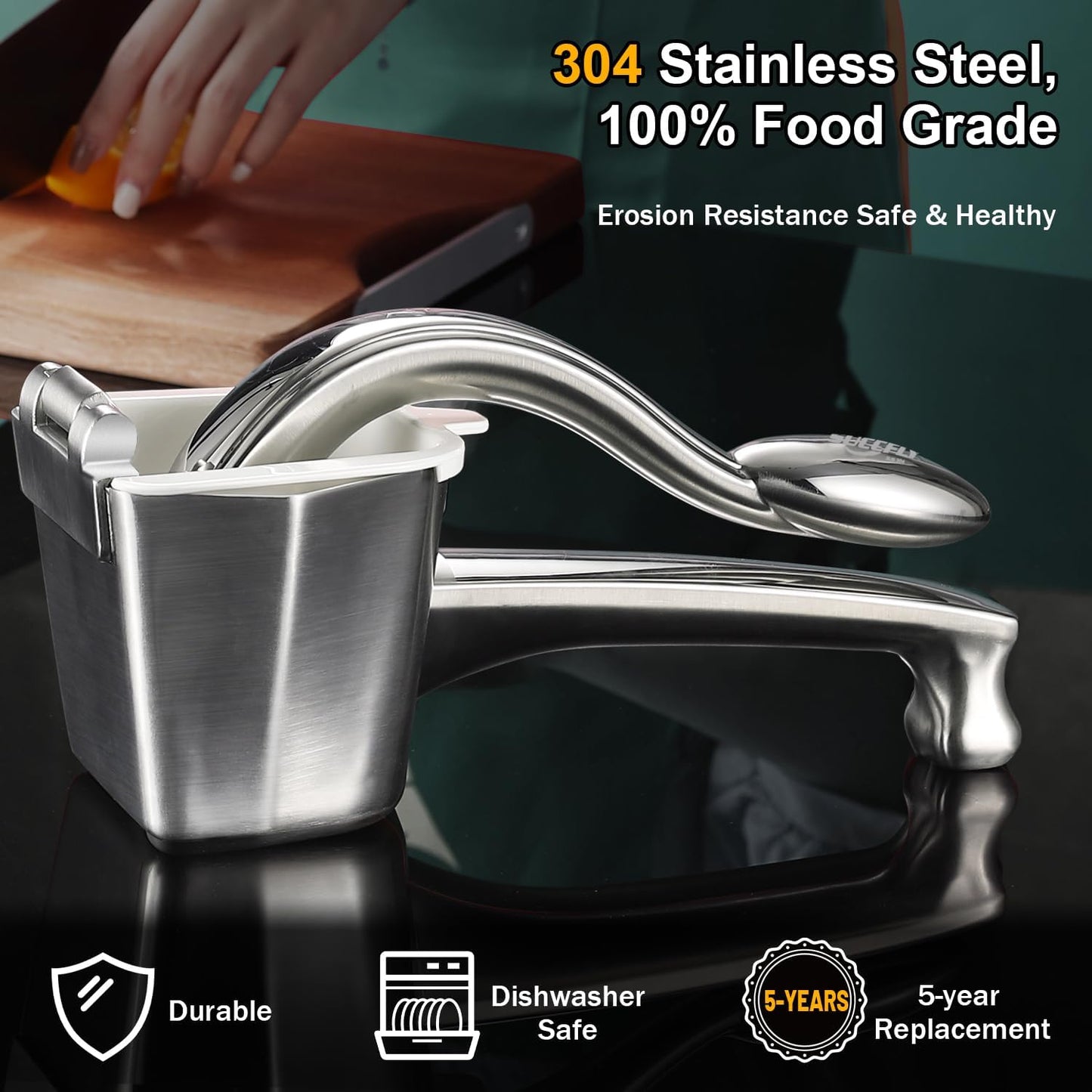 Stainless Steel Lemon Squeezer, Heavy Duty Manual Citrus Juicer | Ergonomic Handle Labor-saving, Large Capacity, Detachable, Dishwasher Safety, Hand Juicer for Lime Orange, 5 Year Warranty