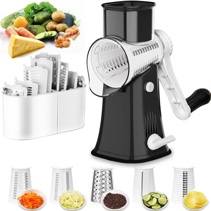 Hand Crank Rotary Cheese Grater Vegetable Shredder Slicer with 5 Blades | Strong sunction base, 5 interchangable sharp drum blades meet various cooking needs, shred block of cheese in seconds