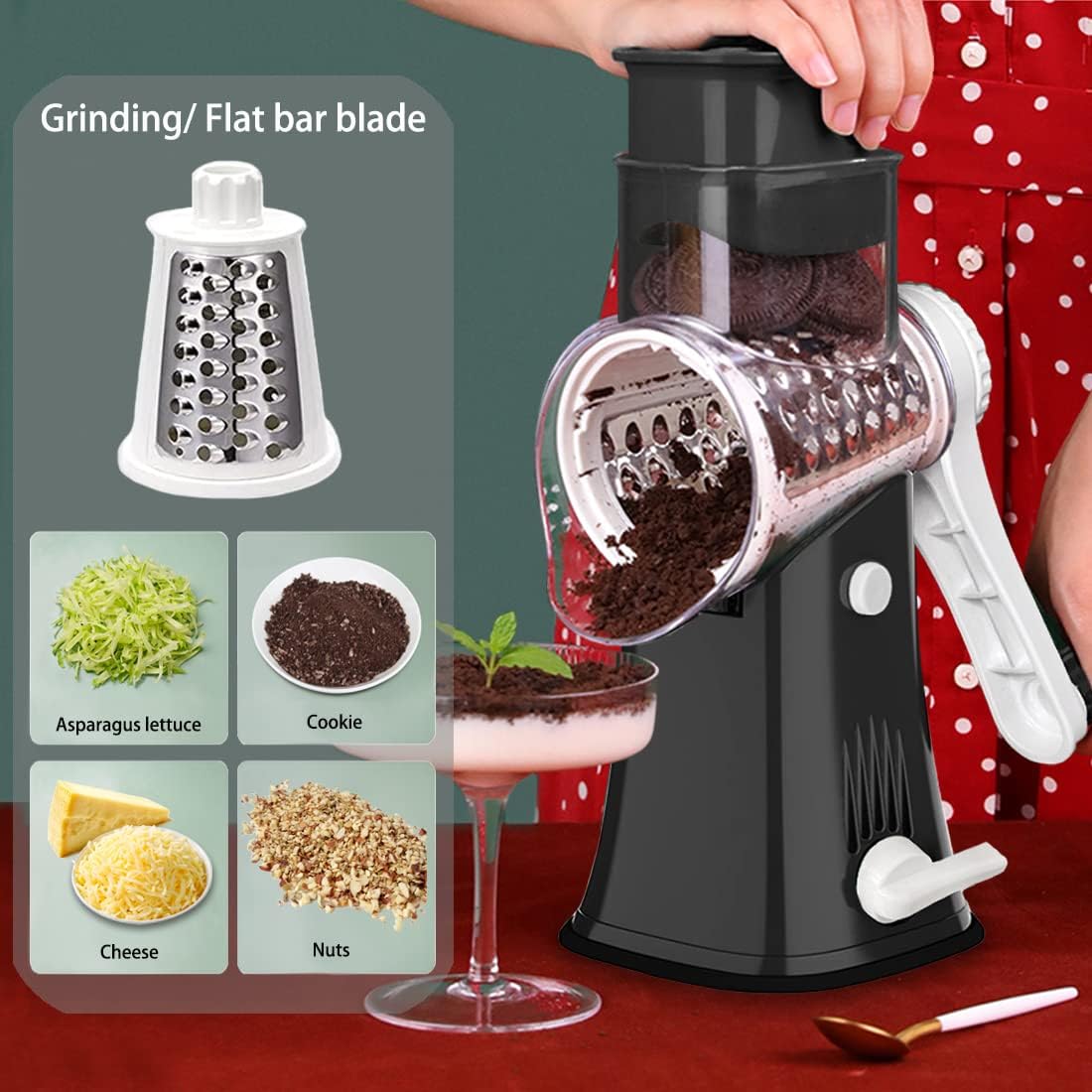Hand Crank Rotary Cheese Grater Vegetable Shredder Slicer with 5 Blades | Strong sunction base, 5 interchangable sharp drum blades meet various cooking needs, shred block of cheese in seconds