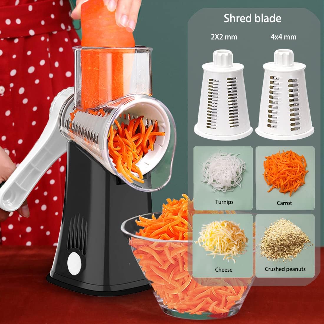 Hand Crank Rotary Cheese Grater Vegetable Shredder Slicer with 5 Blades | Strong sunction base, 5 interchangable sharp drum blades meet various cooking needs, shred block of cheese in seconds