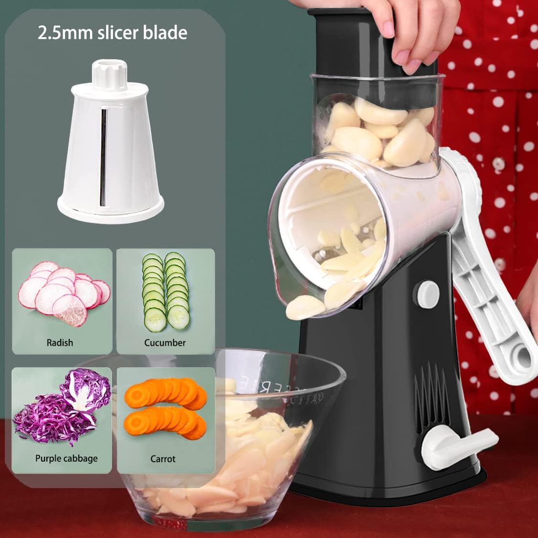 Hand Crank Rotary Cheese Grater Vegetable Shredder Slicer with 5 Blades | Strong sunction base, 5 interchangable sharp drum blades meet various cooking needs, shred block of cheese in seconds