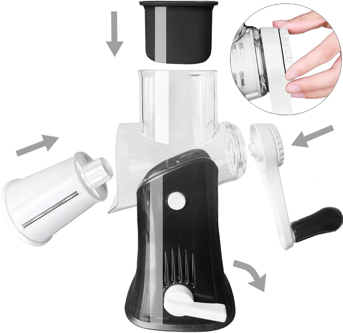 Hand Crank Rotary Cheese Grater Vegetable Shredder Slicer with 5 Blades | Strong sunction base, 5 interchangable sharp drum blades meet various cooking needs, shred block of cheese in seconds