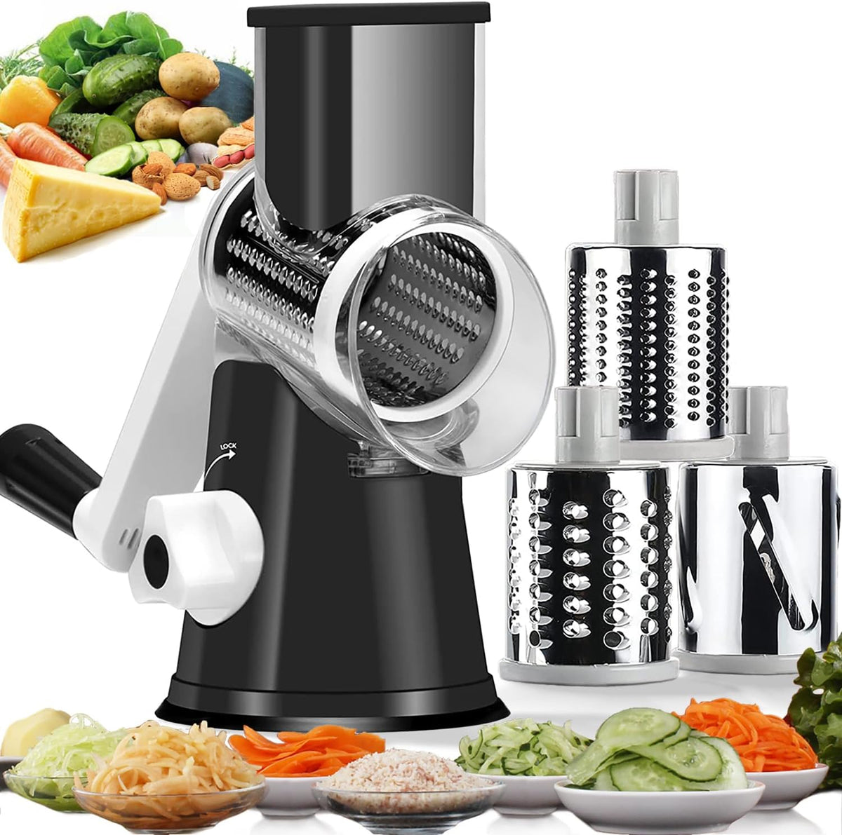 Hand Crank Rotary Cheese Grater Vegetable Shredder Slicer with 5 Blades | Strong sunction base, 5 interchangable sharp drum blades meet various cooking needs, shred block of cheese in seconds