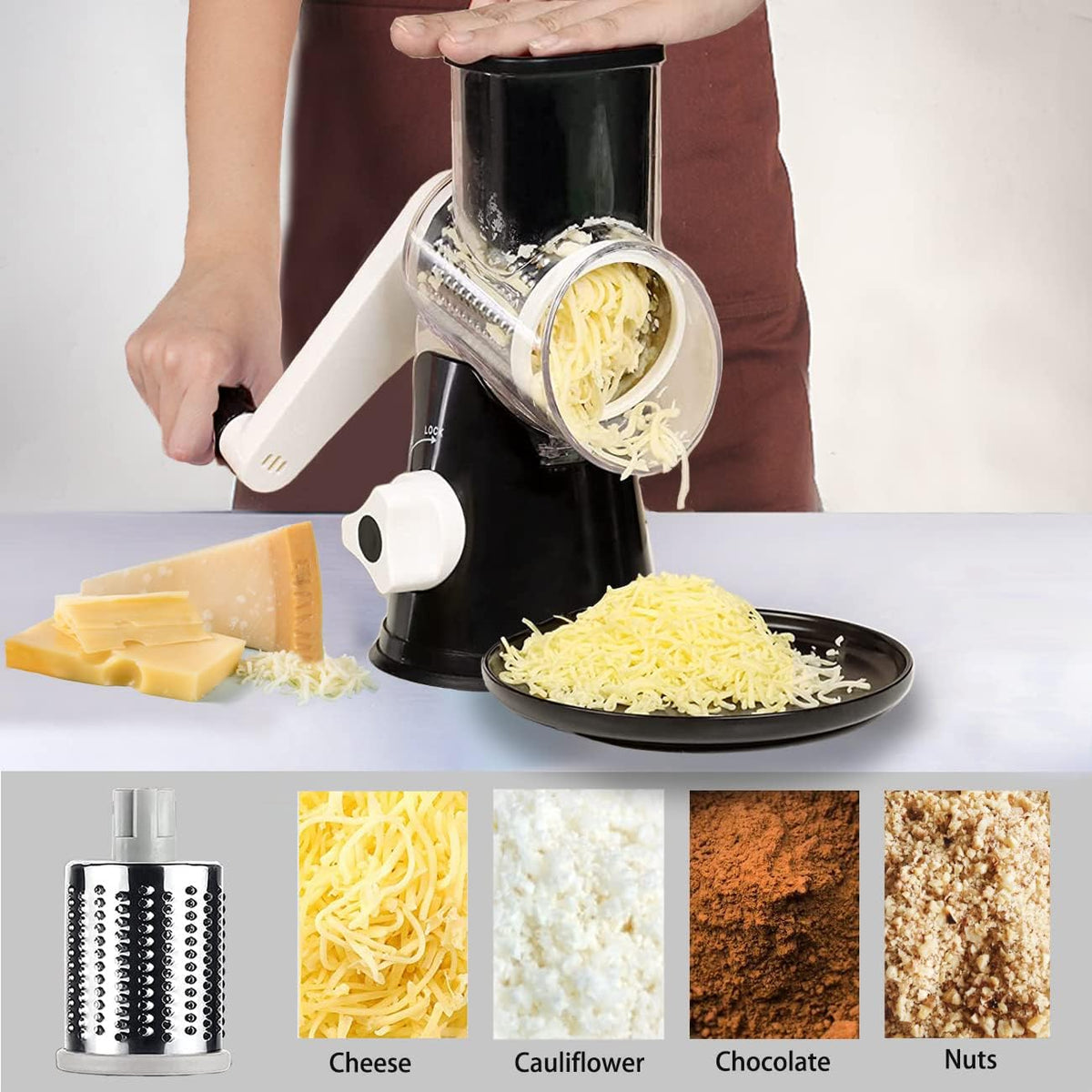 Hand Crank Rotary Cheese Grater Vegetable Shredder Slicer with 5 Blades | Strong sunction base, 5 interchangable sharp drum blades meet various cooking needs, shred block of cheese in seconds