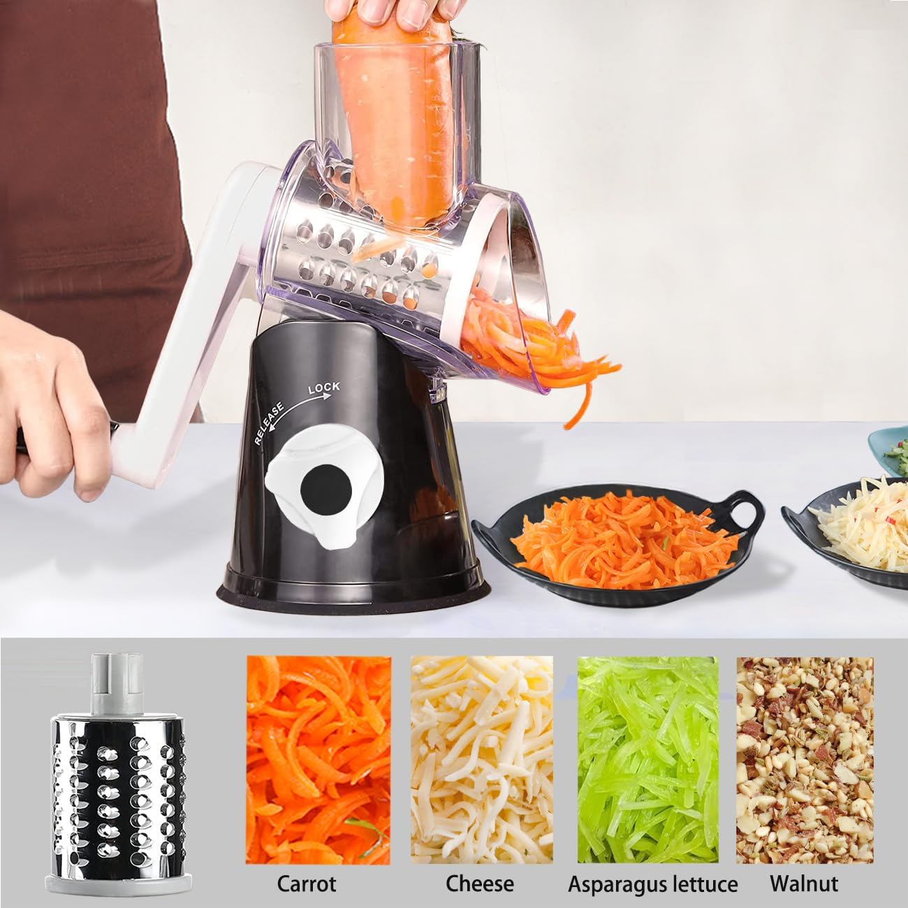 Hand Crank Rotary Cheese Grater Vegetable Shredder Slicer with 5 Blades | Strong sunction base, 5 interchangable sharp drum blades meet various cooking needs, shred block of cheese in seconds