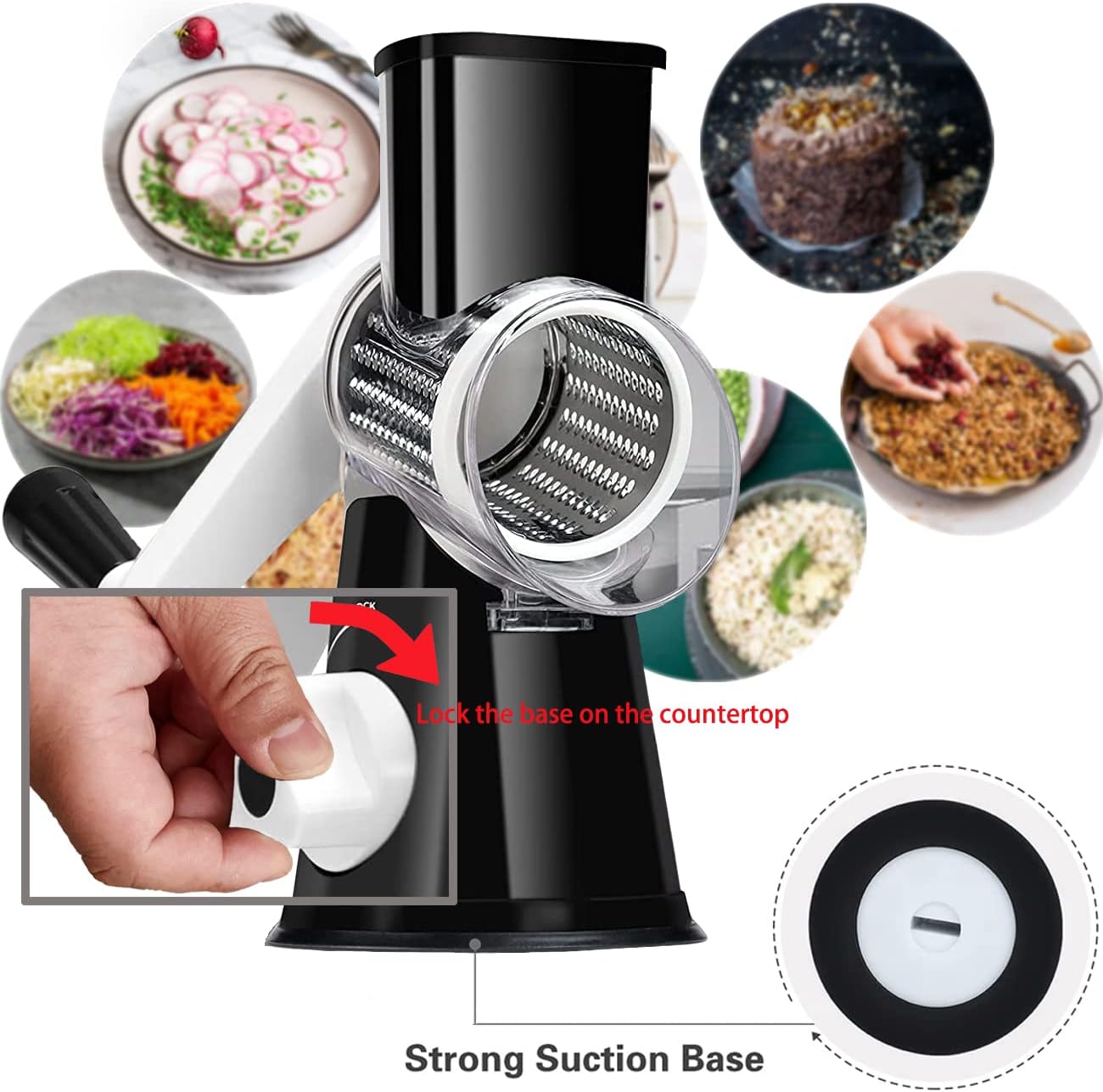 Hand Crank Rotary Cheese Grater Vegetable Shredder Slicer with 5 Blades | Strong sunction base, 5 interchangable sharp drum blades meet various cooking needs, shred block of cheese in seconds