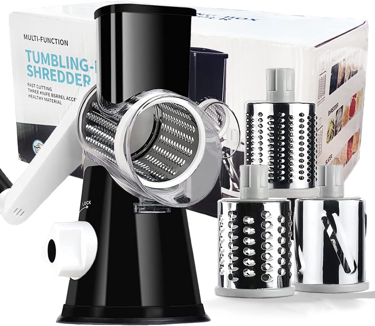 Hand Crank Rotary Cheese Grater Vegetable Shredder Slicer with 5 Blades | Strong sunction base, 5 interchangable sharp drum blades meet various cooking needs, shred block of cheese in seconds