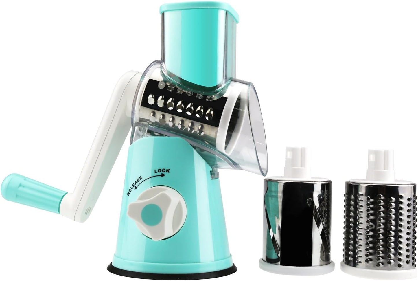 Hand Crank Rotary Cheese Grater Vegetable Shredder Slicer with 5 Blades | Strong sunction base, 5 interchangable sharp drum blades meet various cooking needs, shred block of cheese in seconds
