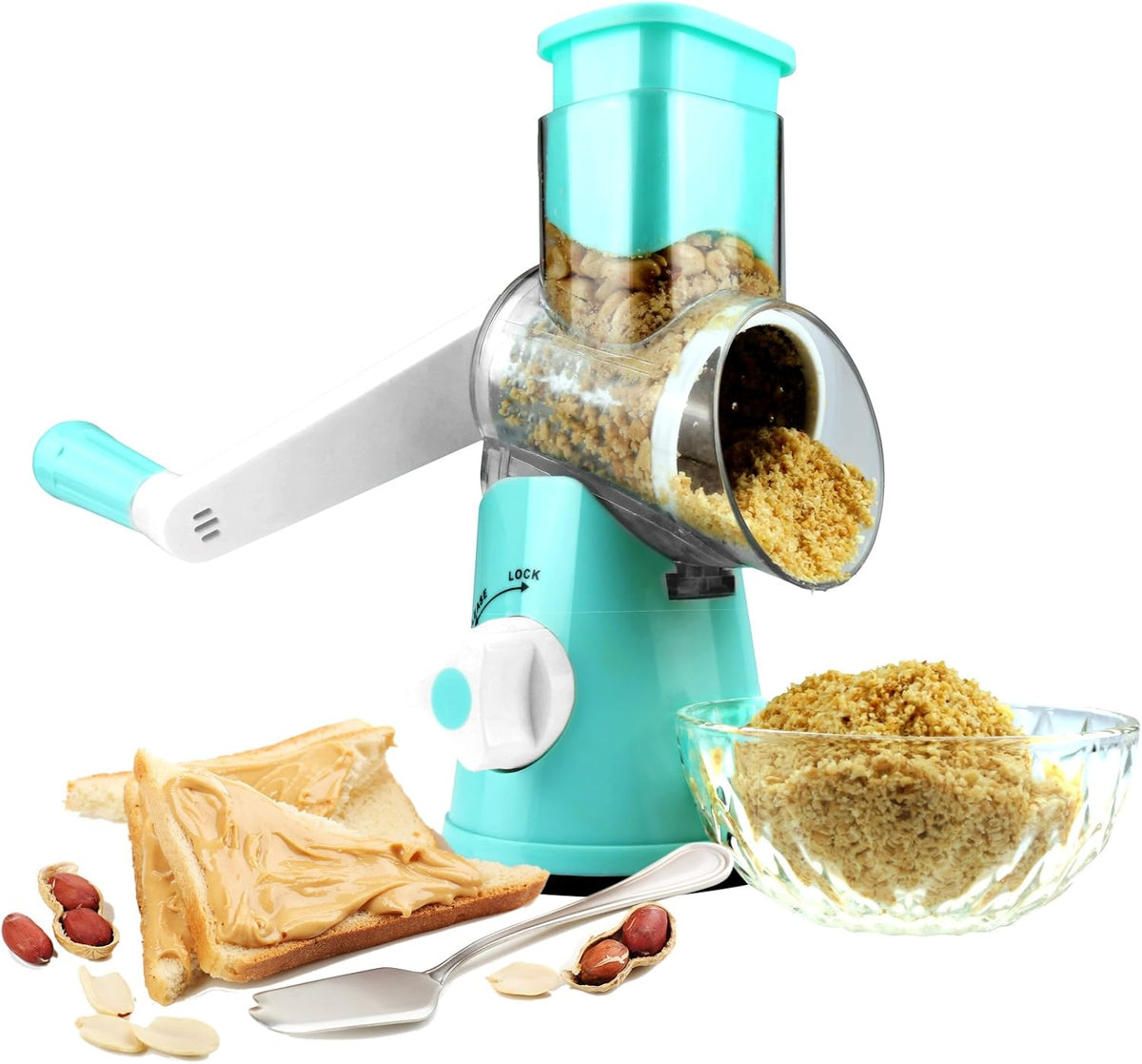 Hand Crank Rotary Cheese Grater Vegetable Shredder Slicer with 5 Blades | Strong sunction base, 5 interchangable sharp drum blades meet various cooking needs, shred block of cheese in seconds