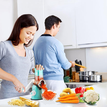 Hand Crank Rotary Cheese Grater Vegetable Shredder Slicer with 5 Blades | Strong sunction base, 5 interchangable sharp drum blades meet various cooking needs, shred block of cheese in seconds