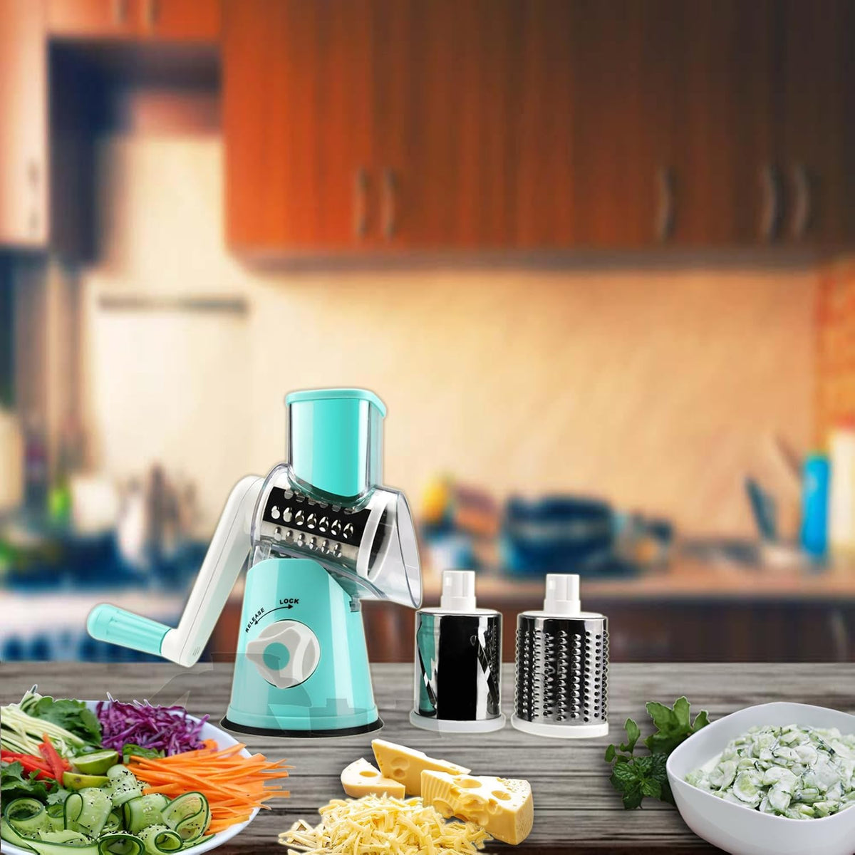 Hand Crank Rotary Cheese Grater Vegetable Shredder Slicer with 5 Blades | Strong sunction base, 5 interchangable sharp drum blades meet various cooking needs, shred block of cheese in seconds