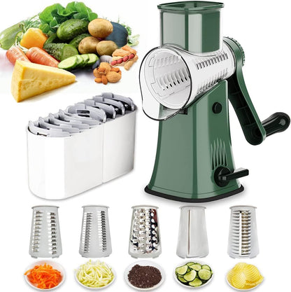 Hand Crank Rotary Cheese Grater Vegetable Shredder Slicer with 5 Blades | Strong sunction base, 5 interchangable sharp drum blades meet various cooking needs, shred block of cheese in seconds
