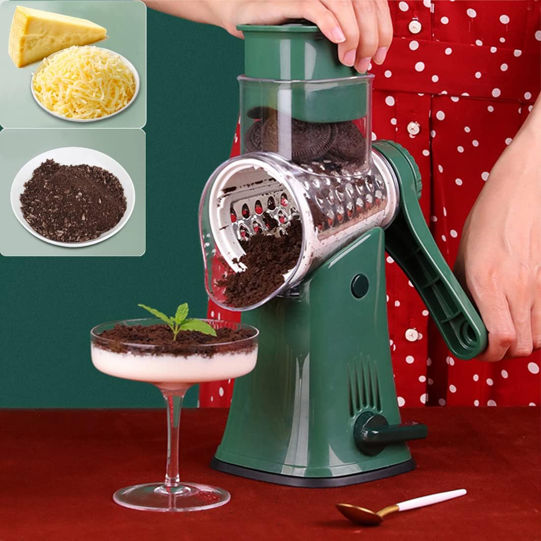 Hand Crank Rotary Cheese Grater Vegetable Shredder Slicer with 5 Blades | Strong sunction base, 5 interchangable sharp drum blades meet various cooking needs, shred block of cheese in seconds