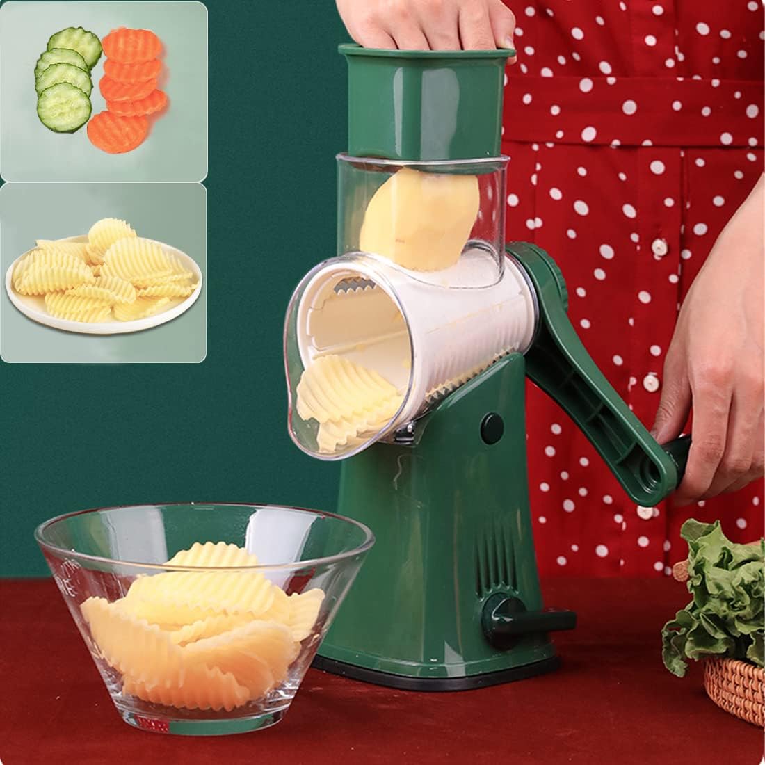 Hand Crank Rotary Cheese Grater Vegetable Shredder Slicer with 5 Blades | Strong sunction base, 5 interchangable sharp drum blades meet various cooking needs, shred block of cheese in seconds