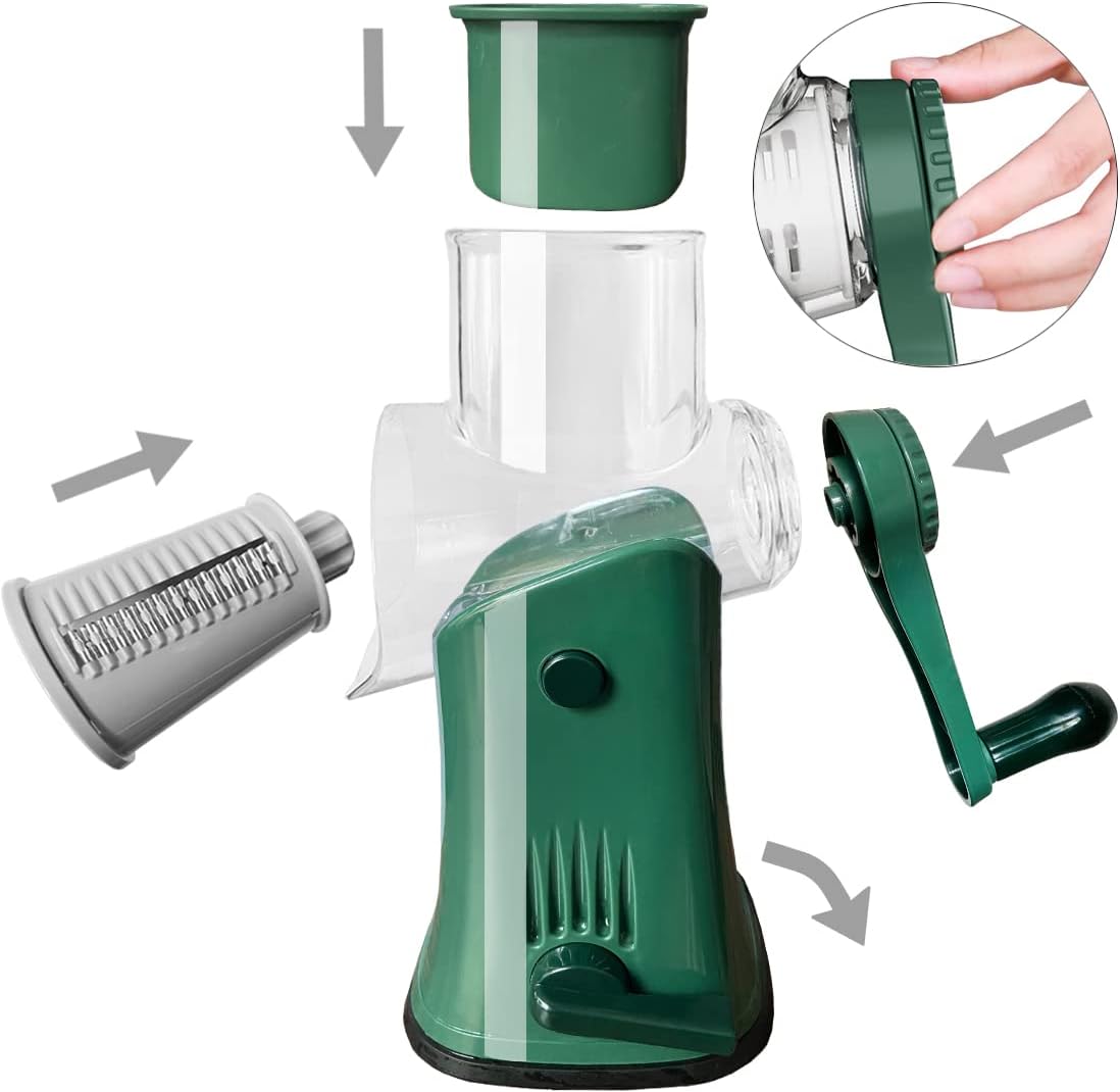 Hand Crank Rotary Cheese Grater Vegetable Shredder Slicer with 5 Blades | Strong sunction base, 5 interchangable sharp drum blades meet various cooking needs, shred block of cheese in seconds