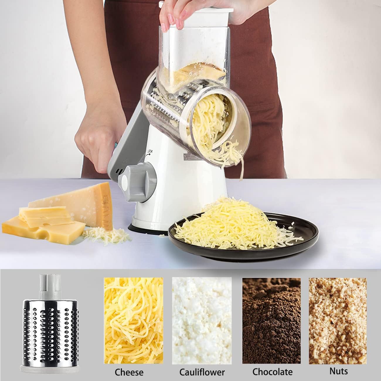 Hand Crank Rotary Cheese Grater Vegetable Shredder Slicer with 5 Blades | Strong sunction base, 5 interchangable sharp drum blades meet various cooking needs, shred block of cheese in seconds