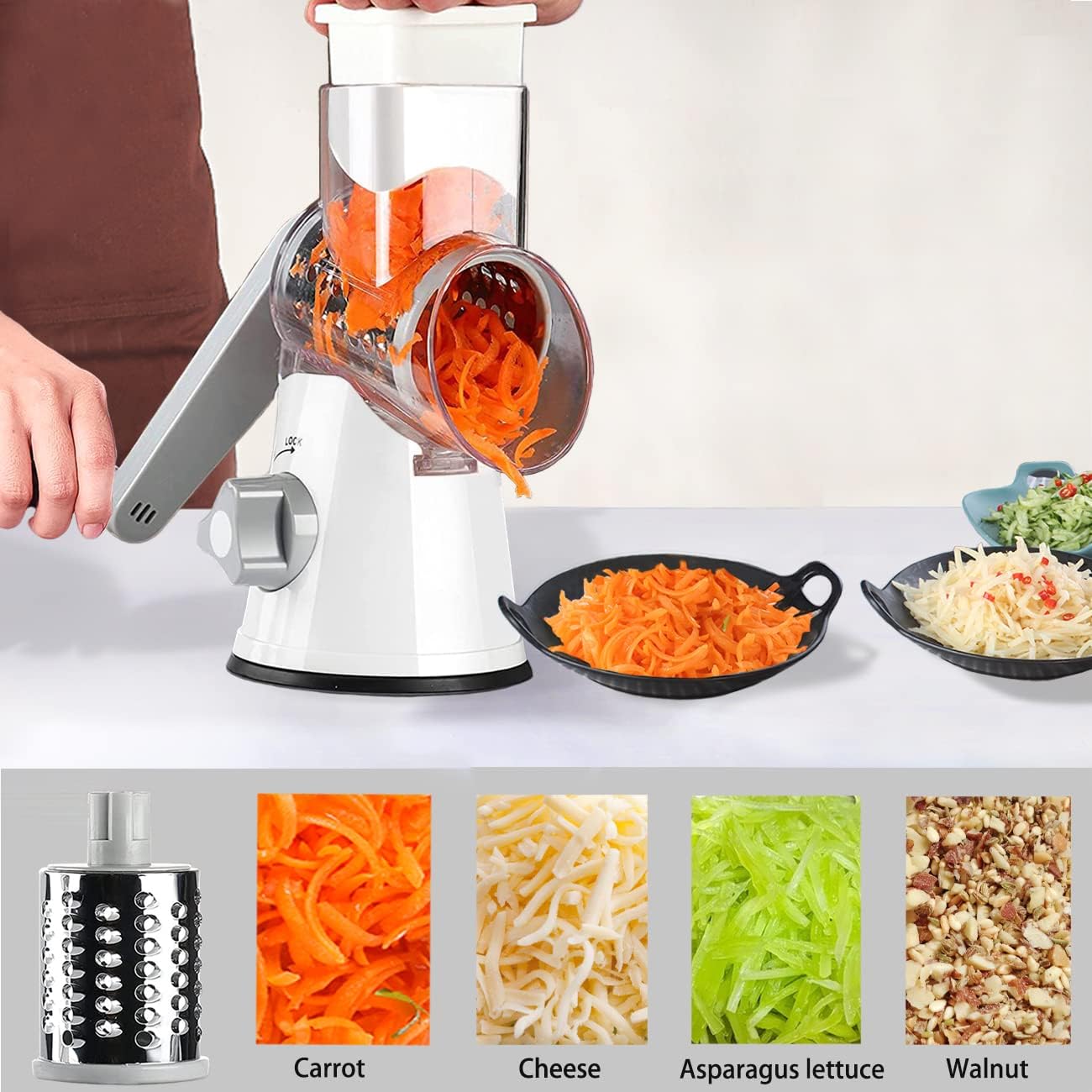 Hand Crank Rotary Cheese Grater Vegetable Shredder Slicer with 5 Blades | Strong sunction base, 5 interchangable sharp drum blades meet various cooking needs, shred block of cheese in seconds