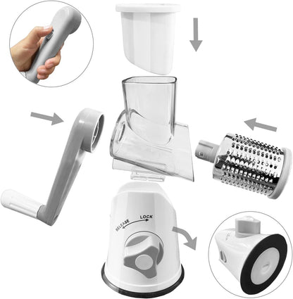Hand Crank Rotary Cheese Grater Vegetable Shredder Slicer with 5 Blades | Strong sunction base, 5 interchangable sharp drum blades meet various cooking needs, shred block of cheese in seconds