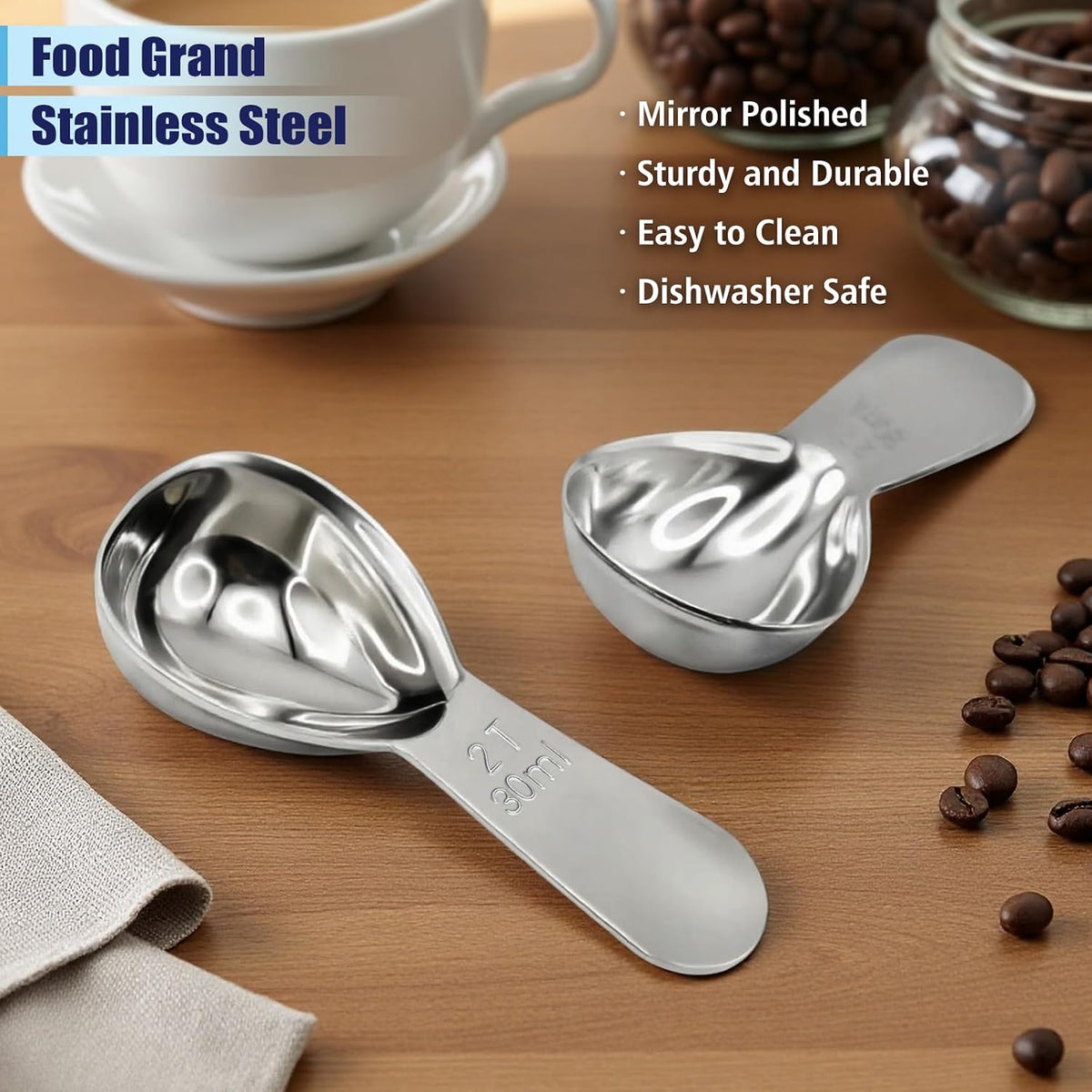 2Pcs 30ml Coffee Scoop 2 Tablespoon, 304 Stainless Steel Measuring Coffee Scoop, Short Handled Measure Scooper for Ground Coffee, Tea, Sugar, Flour, Bean in Canister