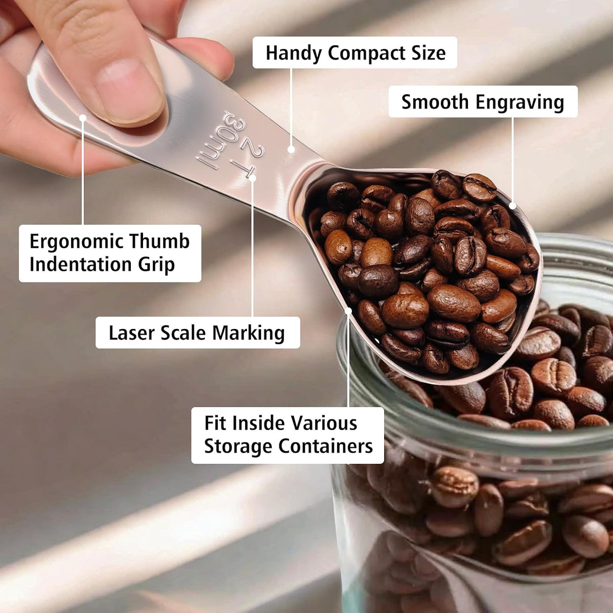 2Pcs 30ml Coffee Scoop 2 Tablespoon, 304 Stainless Steel Measuring Coffee Scoop, Short Handled Measure Scooper for Ground Coffee, Tea, Sugar, Flour, Bean in Canister