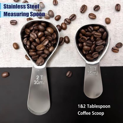 2Pcs 30ml Coffee Scoop 2 Tablespoon, 304 Stainless Steel Measuring Coffee Scoop, Short Handled Measure Scooper for Ground Coffee, Tea, Sugar, Flour, Bean in Canister