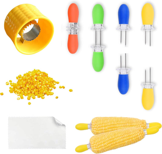 8x Corn Holders, Stainless Steel Corn Cob Holders Corn on The Cob Holders Skewers, 1x Corn Cob Stripper, Corn Peeler for Corn on the Cob, Corn on the Cob Remover, Corn Skewers Kitchen Gadgets