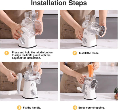 Rotary Cheese Grater Hand Crank, Kitchen Mandolin Vegetable Cheese Shredder with 3 Interchangeable Blades,Easy Clean Rotary Grater with Handle,Kitchen Grater Grinder for Cutting Cheese,Vegetable Nuts
