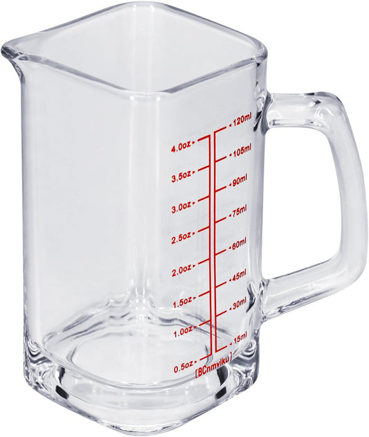 1Pc Shot Glass Measuring Cup, 4 OZ Espresso Shot Cups with Handle and V-Shaped Spout, Small Glass Measuring Cup with Thick Bottom for Baking Cocktail and Coffee (1, Red)
