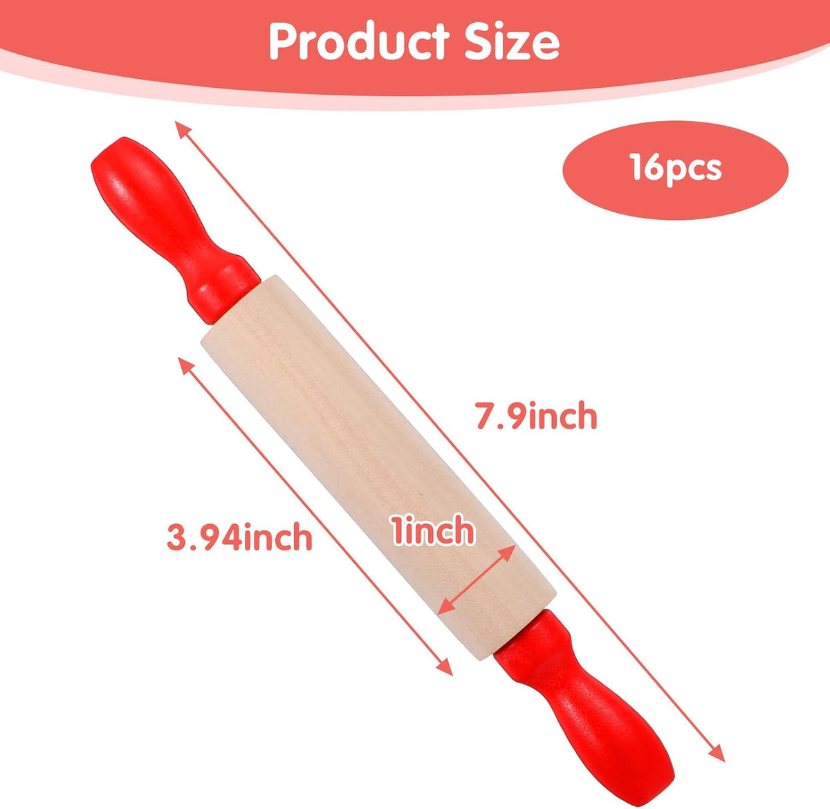 16 Pcs Mini Rolling Pin, 8 Inch Wood Dough Roller for Baking with Red Handle, Small Clay Rolling Pin for Craft Fondant Pastry Pizza Crafting and Imaginative Play