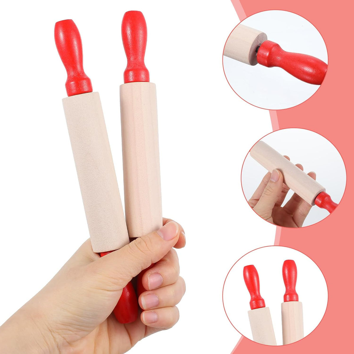 16 Pcs Mini Rolling Pin, 8 Inch Wood Dough Roller for Baking with Red Handle, Small Clay Rolling Pin for Craft Fondant Pastry Pizza Crafting and Imaginative Play