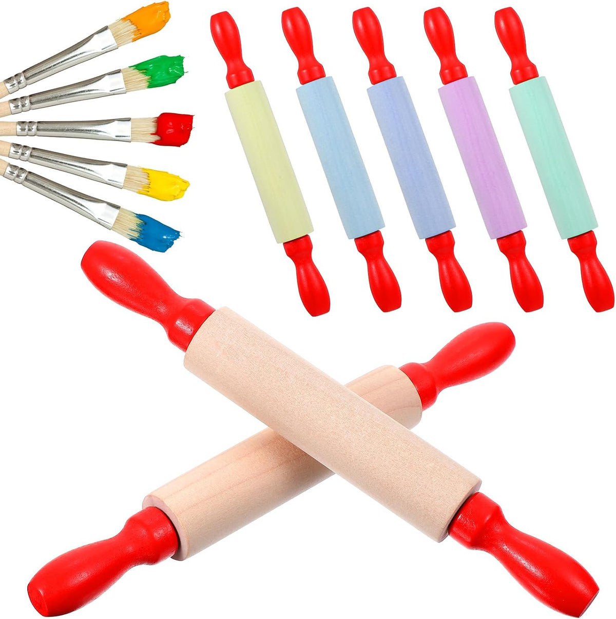 16 Pcs Mini Rolling Pin, 8 Inch Wood Dough Roller for Baking with Red Handle, Small Clay Rolling Pin for Craft Fondant Pastry Pizza Crafting and Imaginative Play